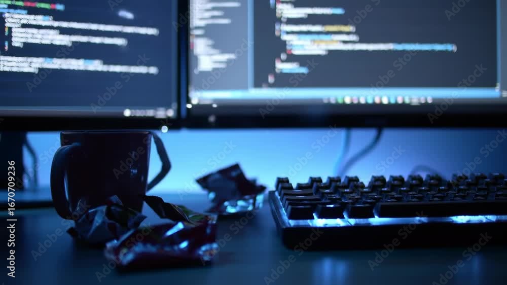 Poster coding setup with computer screens, keyboard, cup and candy wraps