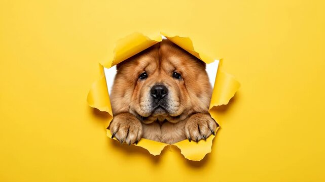 Playful Chow Chow Dog Peeking Through Torn Yellow Paper - An adorable Chow Chow dog playfully looks through a hole in a bright yellow piece of paper.