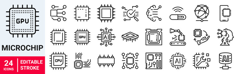 ChipMicrochip web line icons. Innovations and modern technologies Chip, Circuit, Abstract Electronic Module. Editable stroke. Vector illustration