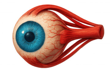 Realistic 3d rendering of a human eyeball showing eye muscles and blood vessels, isolated on transparent background