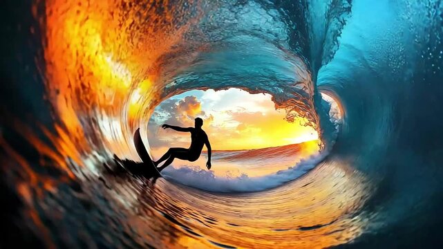 Silhouette of a surfer riding a wave during a beautiful sunset.