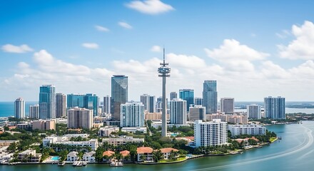Fototapeta premium Miami Skyline Aerial View with Waterfront and Modern Architecture.