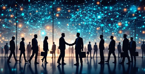 Business professionals networking and shaking hands in futuristic digital environment with glowing network nodes and silhouettes under a virtual world map. Ai generative