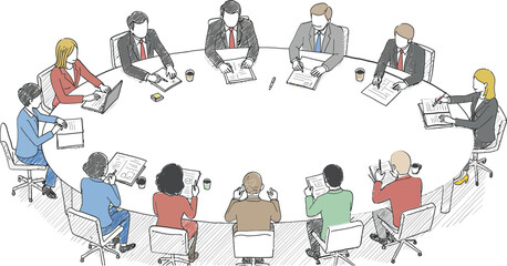 Group of business people sitting around round table having meeting and discussion vector illustration