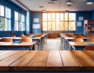 wooden table foreground with blurred classroom background