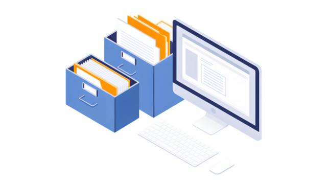 Illustration of computer documents files paperwork data information storage organization system office desk 3d on transparent background