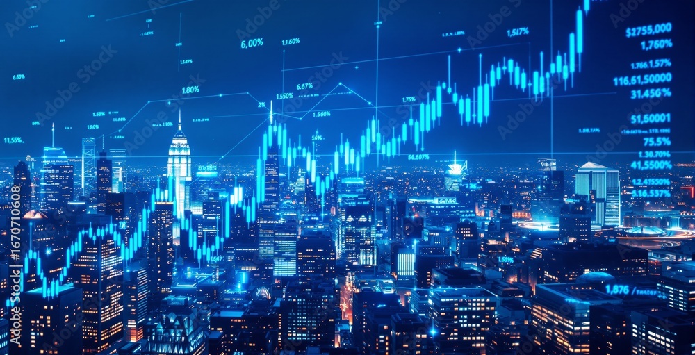 Poster futuristic city skyline illuminated with glowing financial graphs and data charts representing econo