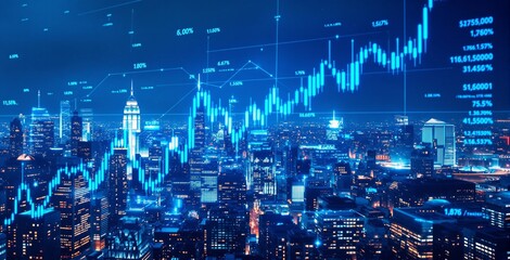 Futuristic city skyline illuminated with glowing financial graphs and data charts representing economic growth and digital business analytics concept. Ai generative