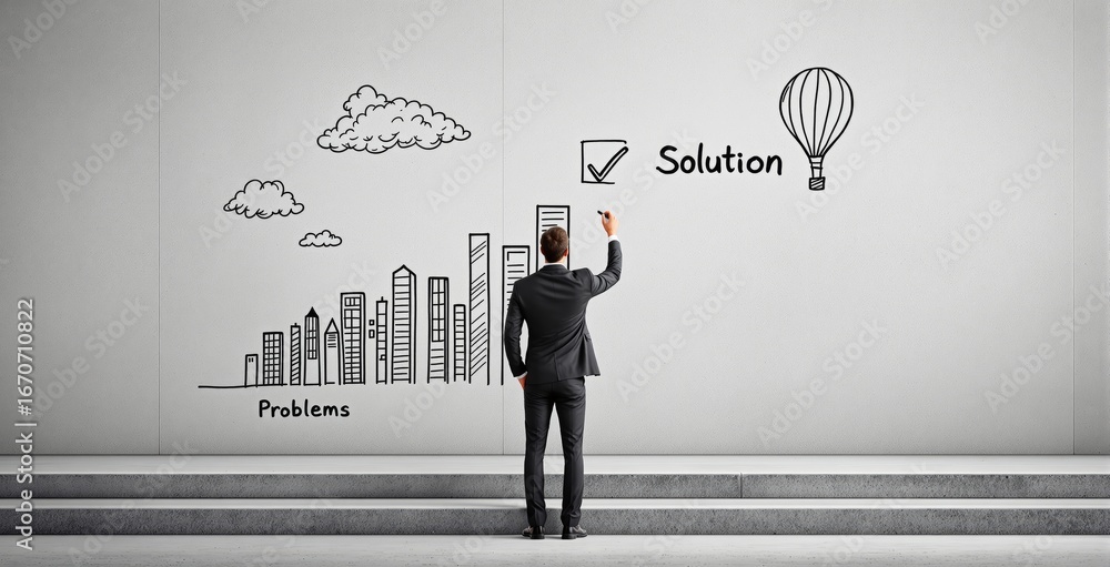 Poster businessman drawing success concept with city problems and solution icons on wall, symbolizing busin