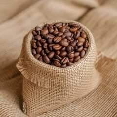 Roasted coffee beans poured from a burlap sack