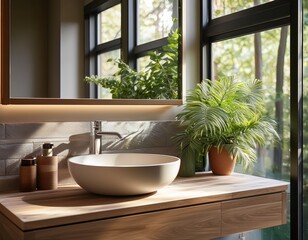 Fototapeta premium contemporary bathroom exhibits sleek sink large mirror and vibrant plants optimizing natural light while maintaining industrial elegance
