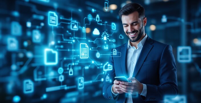 Smiling businessman using smartphone with digital file and data network interface icons floating around him in futuristic business concept scene. Ai generative
