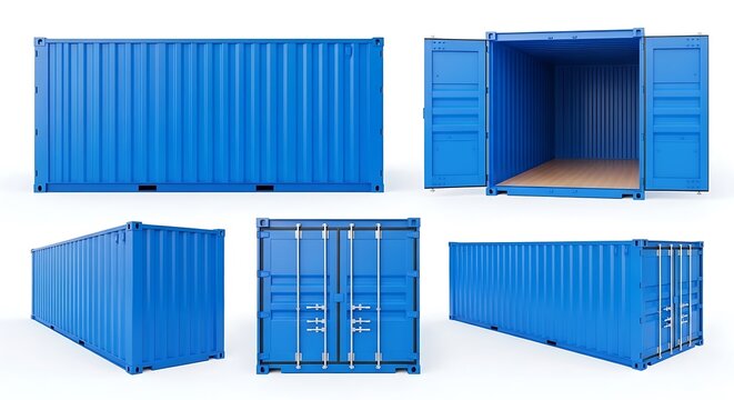 Collection of blue shipping containers in various orientations