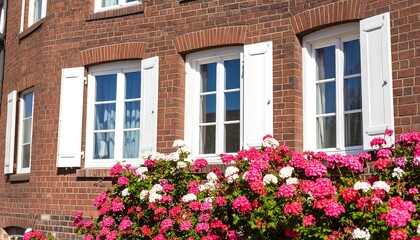 Brick house with white shutters, and flowers.