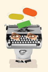 Collage of a woman biting her lip with a typewriter on the head with colored speech bubbles on a...