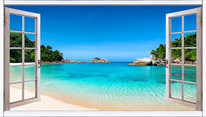 view from the house from inside an open window to the beach with blue water white sand beach rocks in the background turquoise sea water tropical forest sunny day view from the window