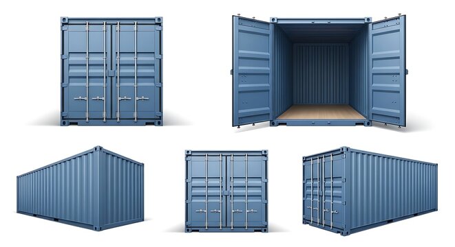 Collection of blue shipping containers in various views