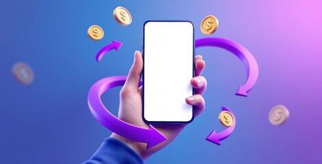 Hand holding smartphone with blank white screen among floating currency coins and arrows on gradient background, representing financial app concept. Ai generative
