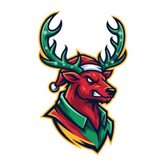 Fototapeta premium Festive Deer Mascot Illustration: A stylized illustration of a fierce deer, adorned with a Christmas-themed outfit and hat, ready to bring holiday spirit.
