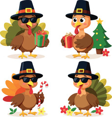 Obraz premium A cute, wise Thanksgiving turkey cartoon illustration with a brown owl friend wearing a funny hat