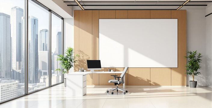 Modern office interior with large blank whiteboard on wooden wall and minimalist white desk setup in front of panoramic city view window concept scene. Ai generative - Powered by Adobe