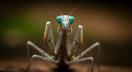 Close up portrait of a praying mantis with striking green eyes and intricate details