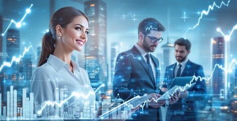 Confident businesswoman and team analyzing financial data with futuristic interface in modern office concept surrounded by glowing stock market charts. Ai generative