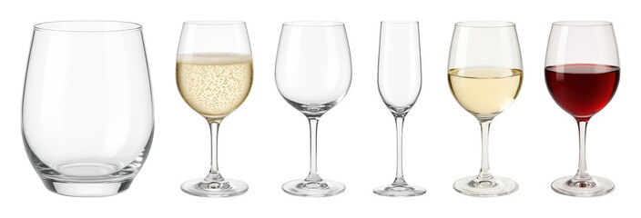 Glassware set including stemless, flute, and stemmed wine glasses, empty and filled with champagne, white, and red wine, isolated. Elegant barware collection.