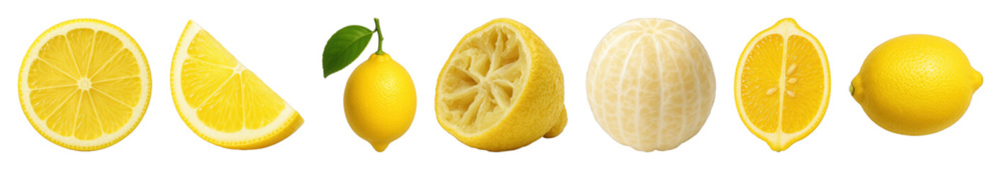 Lemon set including whole, half, quarter, peeled, squeezed, and leaf variations isolated. Fresh citrus fruit collection.