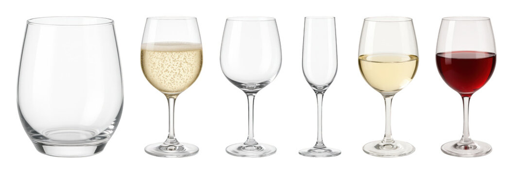 Glassware set including stemless, flute, and stemmed wine glasses, empty and filled with champagne, white, and red wine, isolated. Elegant barware collection. - Powered by Adobe