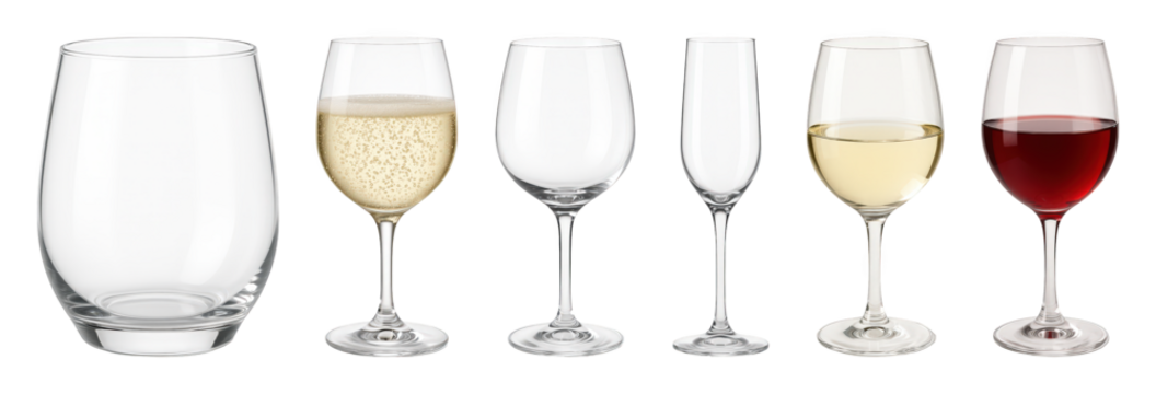 Glassware set including stemless, flute, and stemmed wine glasses, empty and filled with champagne, white, and red wine, isolated. Elegant barware collection.