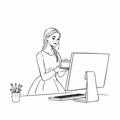 Woman holding cake while working at computer in minimalist office  