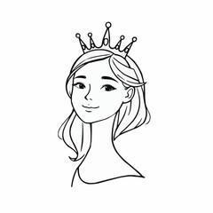 Young woman with crown smiling in a minimalist line drawing  