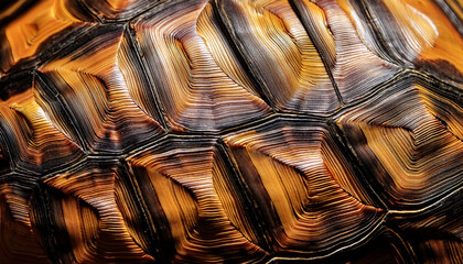Obraz premium extreme close up of a tortoise shell showing intricate textured scales with earthy brown and golden tones highlights naturers patterns and is ideal for biological natural or abstract design uses