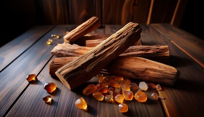 sandalwood logs arranged on a rustic table with amber stones scattered around the warm light highlighting the rich textures the air filled with the deep woody scent of sandalwood and patchouli