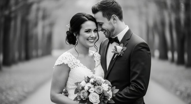 Smiling caucasian couple in wedding attire embracing outdoors on tree-lined path