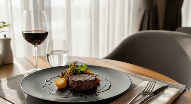 Elegant dining scene with gourmet steak and wine glass on modern table setting