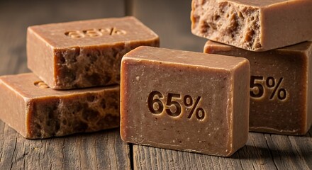 Handmade natural soap bars with percentage markings on rustic wood.