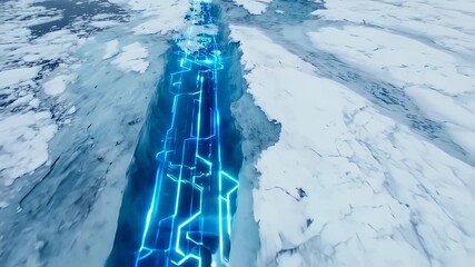 Futuristic icy landscape with digital blue lines overlay, a dynamic aerial journey, showing - Powered by Adobe