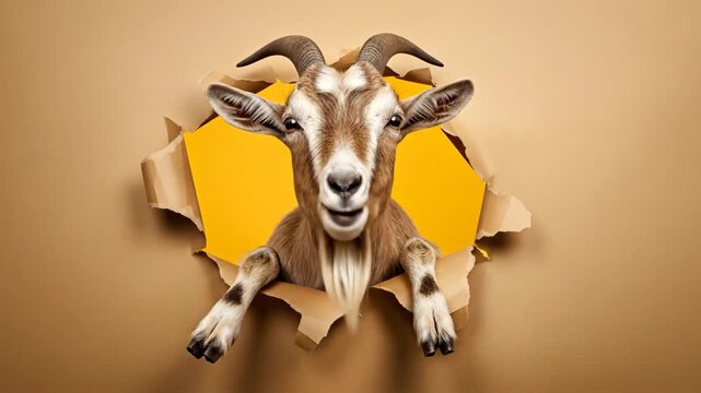 Funny Goat Peeking Through Torn Paper - A curious goat playfully peeks through a hole in a tan piece of paper, revealing a vibrant yellow background behind.