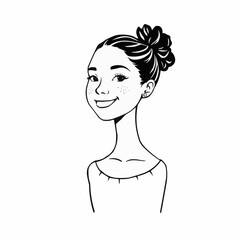 Young girl smiling with bun hairstyle in black and white illustration  