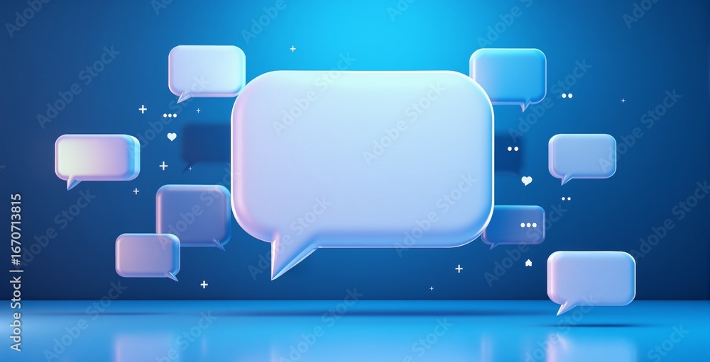 Poster blue gradient speech bubbles floating in digital space symbolizing online chat and communication con