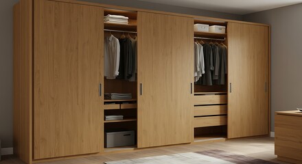 Elegant modern oak sliding door wardrobe with organized clothing storage and minimalist design