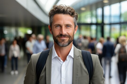 A businessman with curly hair and a beard stands confidently in a contemporary office setting. He is dressed in a suit and carries a backpack, surrounded by busy professionals engaging in discussions