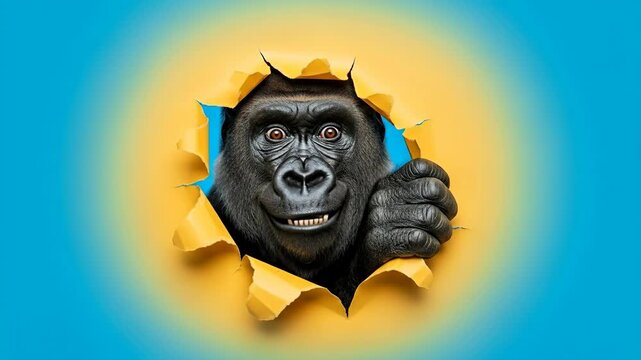 Playful Gorilla Peeking Through Torn Paper - A funny gorilla's face peeks through a hole in a torn yellow paper, set against a vibrant blue background.