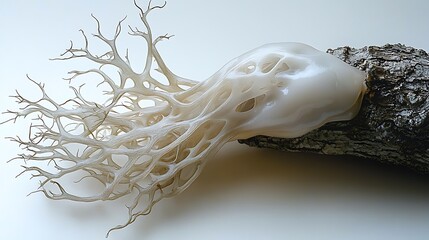 Artistic depiction of a delicate cellular structure and branching growth attached to natural wood.