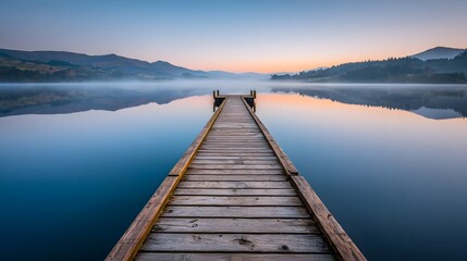 Naklejka premium A tranquil wooden pier extends into a serene lake reflecting a hazy mountain range at sunrise.