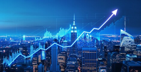 Business growth concept illustrated by rising graph line and bar chart over city skyline with futuristic blue digital overlay at night. Ai generative
