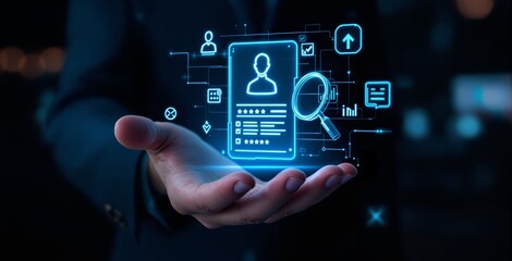 Businessman holding digital hologram of a candidate resume interface concept with futuristic UI elements and icons in dark blurred background.. Ai generative