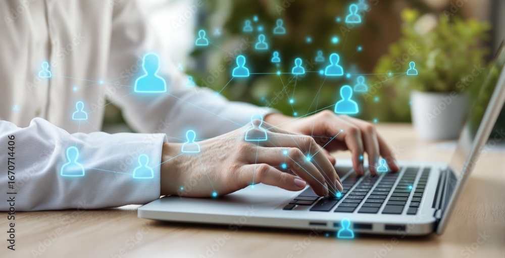 Poster business communication concept with hands typing on laptop and glowing network icons symbolizing peo